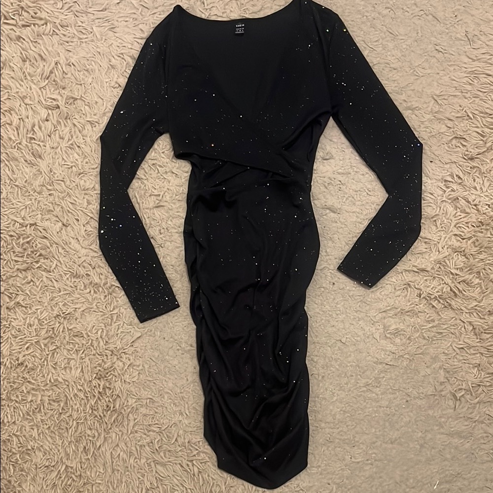 Elegant Plunging Neck Cut Out Front Black Dress with Sparkling Details